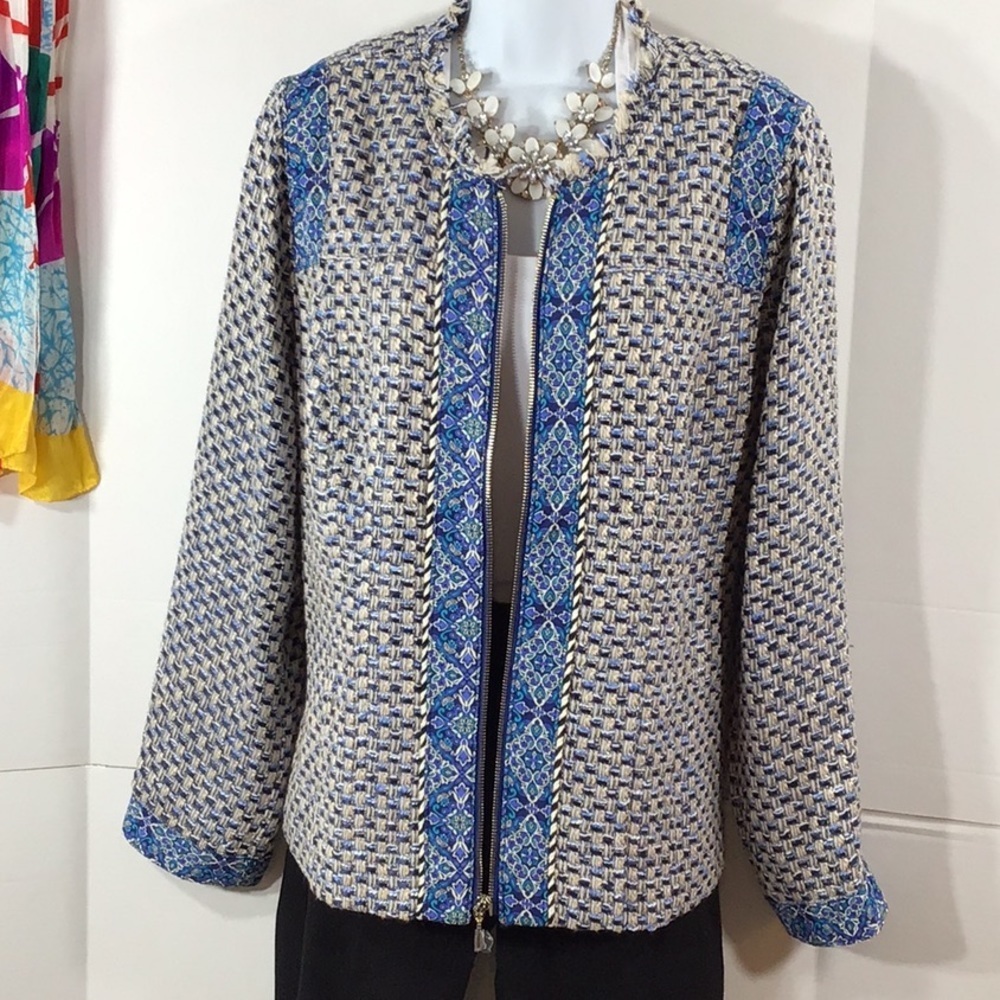Chico’s blue tan tweed zip front jacket 12 NWT